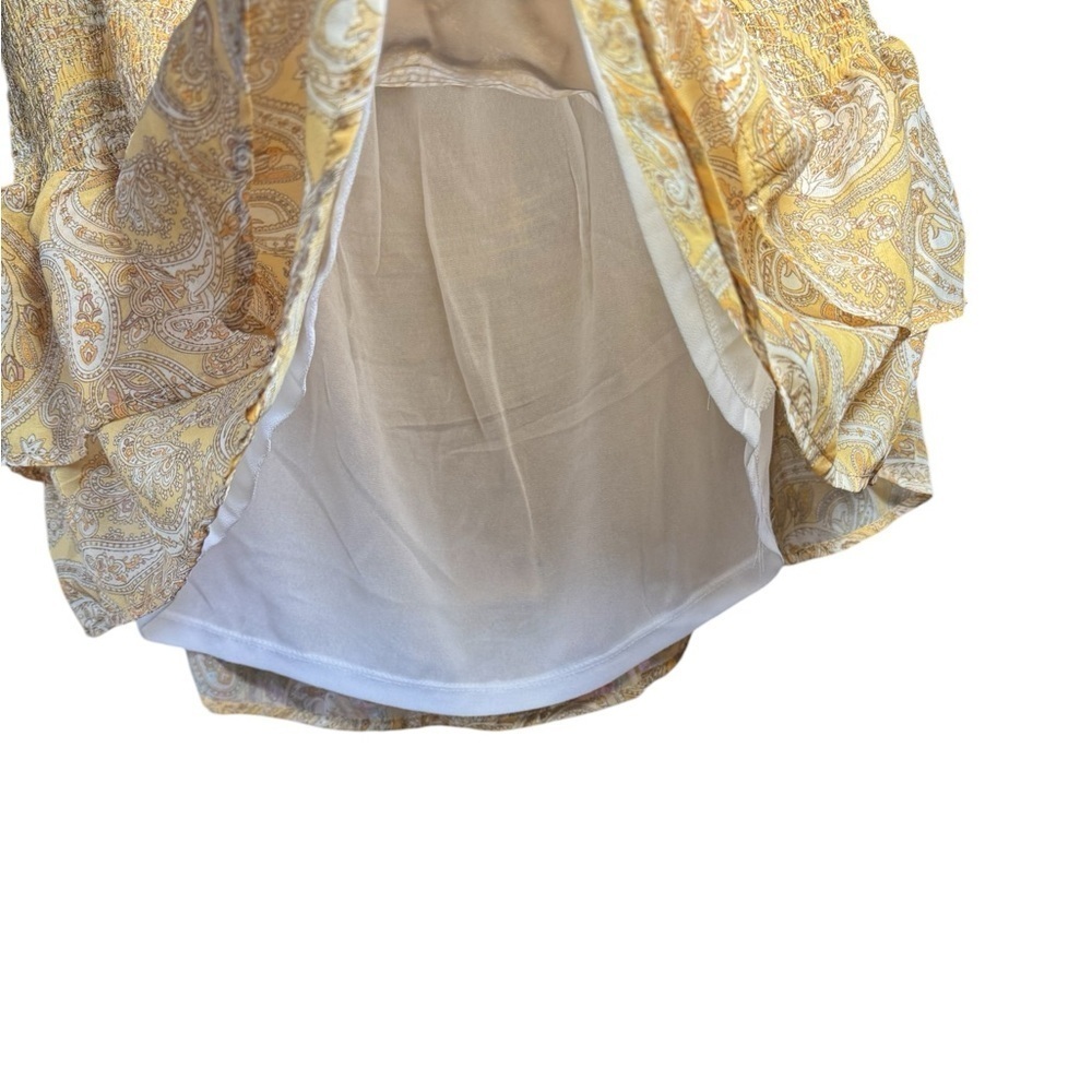 NSR Paisley Ruffle Mini Skirt Gold Cream Smocked Waist Flowy Style Size M - Picture 2 of 9
